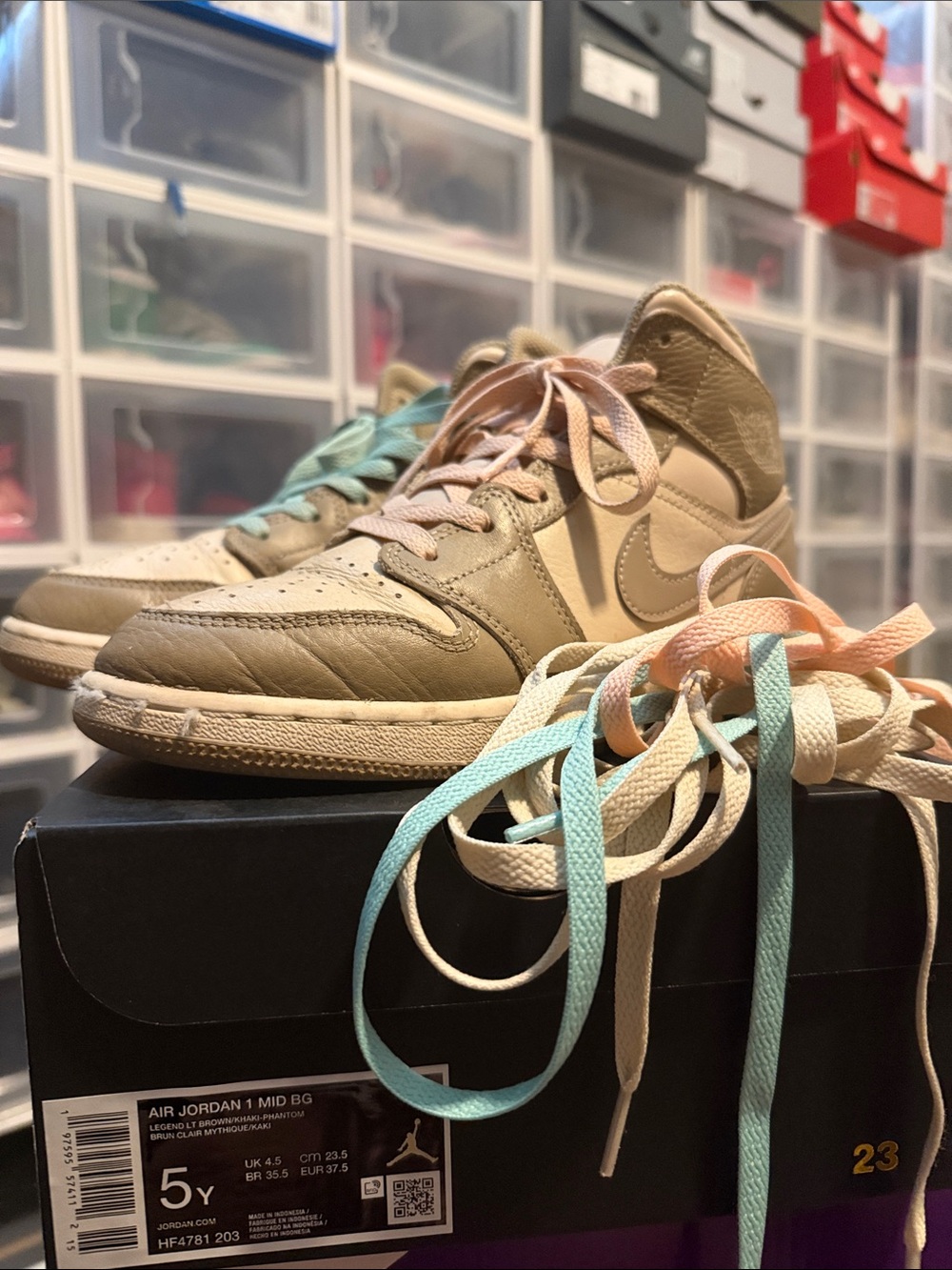 Nike Air Jordan 1 Mid Beige with Pink and Blue Laces